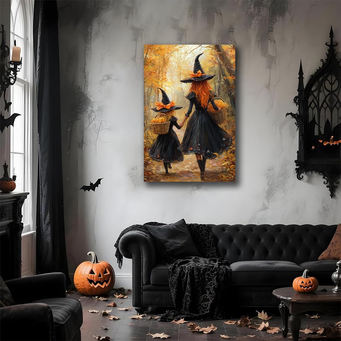 Mother Witch And Child Daughter Witch Wall Art,Halloween Autumn Woodland Forest Path Picture,Family Room Nursery Playroom Kids Room Decor,20"x30" Framed