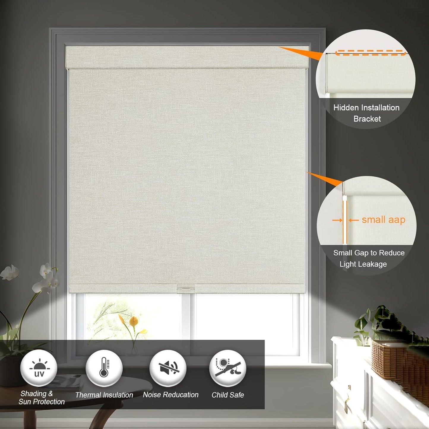 Persilux Blackout Shades for Windows Cordless Roller Blinds, Roller Windows Shades for Home with Fabric Attached Valance, UV Protections Easy Installation for Door/Office, Limestone(30.5" W x 48" H)