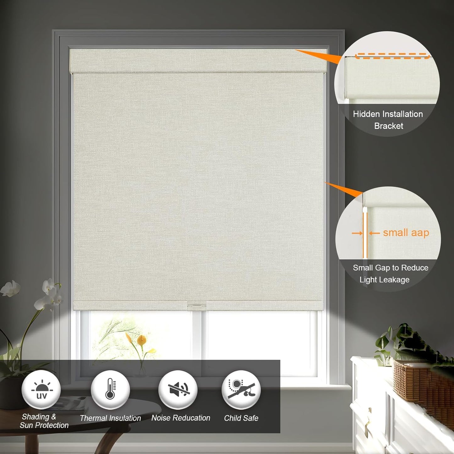 Persilux Blackout Shades for Windows Cordless Roller Blinds, Roller Windows Shades for Home with Fabric Attached Valance, UV Protections Easy Installation for Door/Office, Limestone(82.5" W x 56" H)