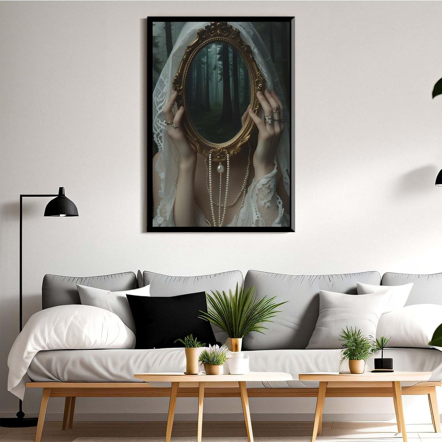 Mirror face covering dark art poster print melancholy gothic painting vintage feminine print victorian style decoration antique art16x24in Metal blackFramed