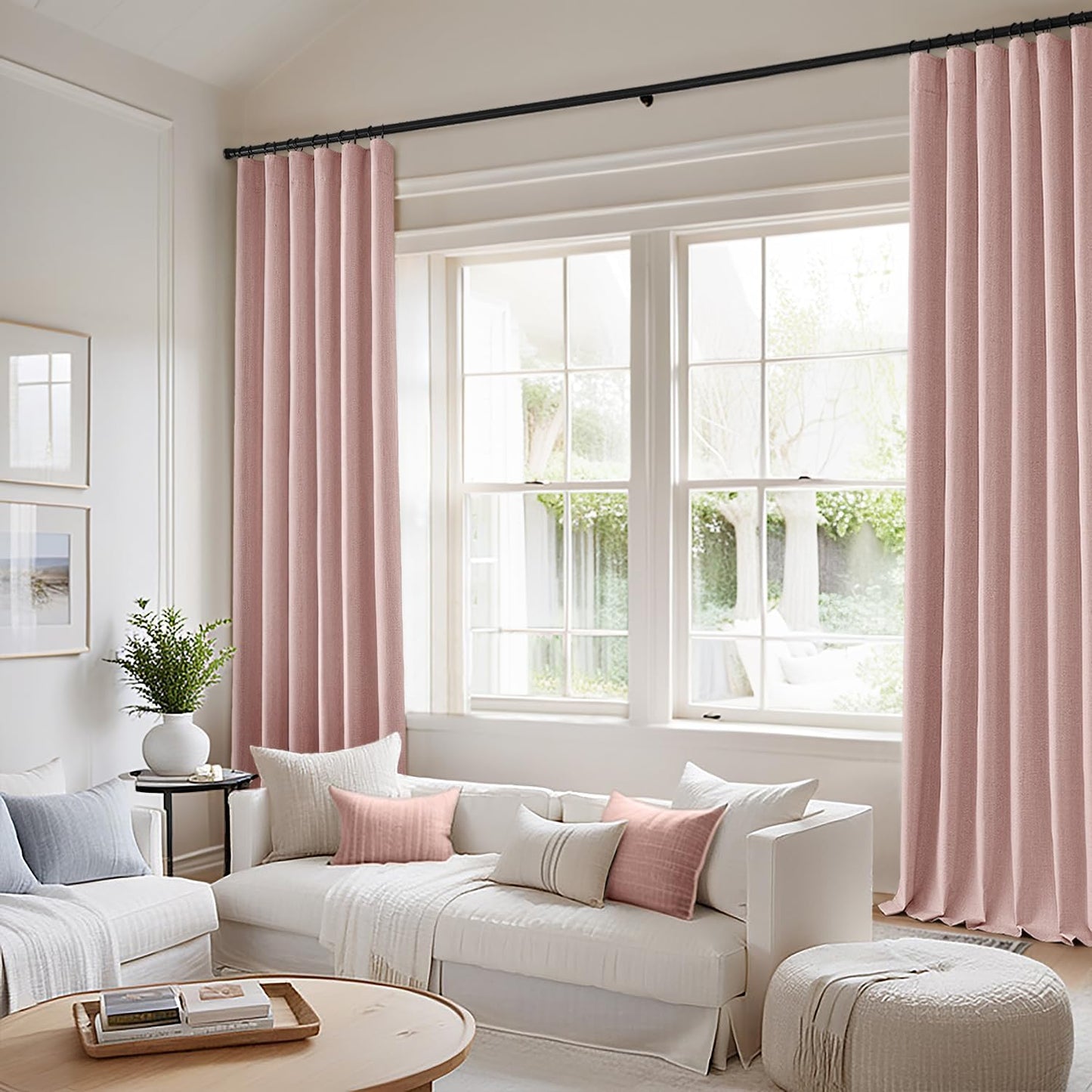 MIULEE 100% Blackout Curtains 120 Inch Long 2 Panels for Bedroom, Thick Luxury Faux Linen Black Out Curtain Room Darkening Back Tab Pleat Window Textured Drapes with Hooks for Living Room, Baby Pink