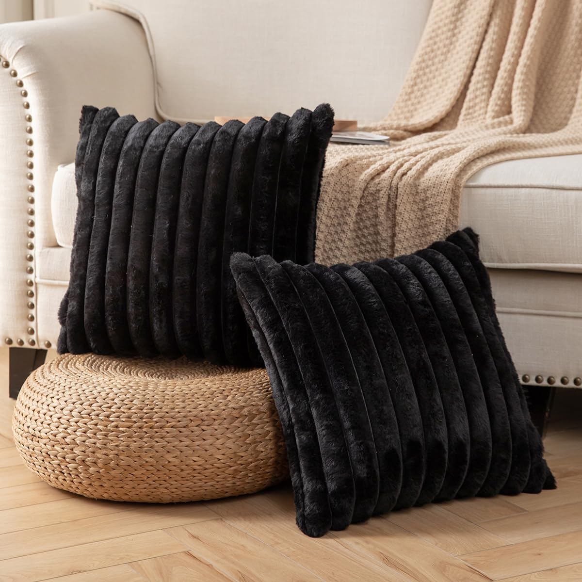 DEELAND Pack of 2,Double-Sided Faux Fur Plush Decorative Throw Pillow Covers Fuzzy Striped Soft Pillowcase Cushion Covers for Sofa Couch Bedroom Black 16x16 inch