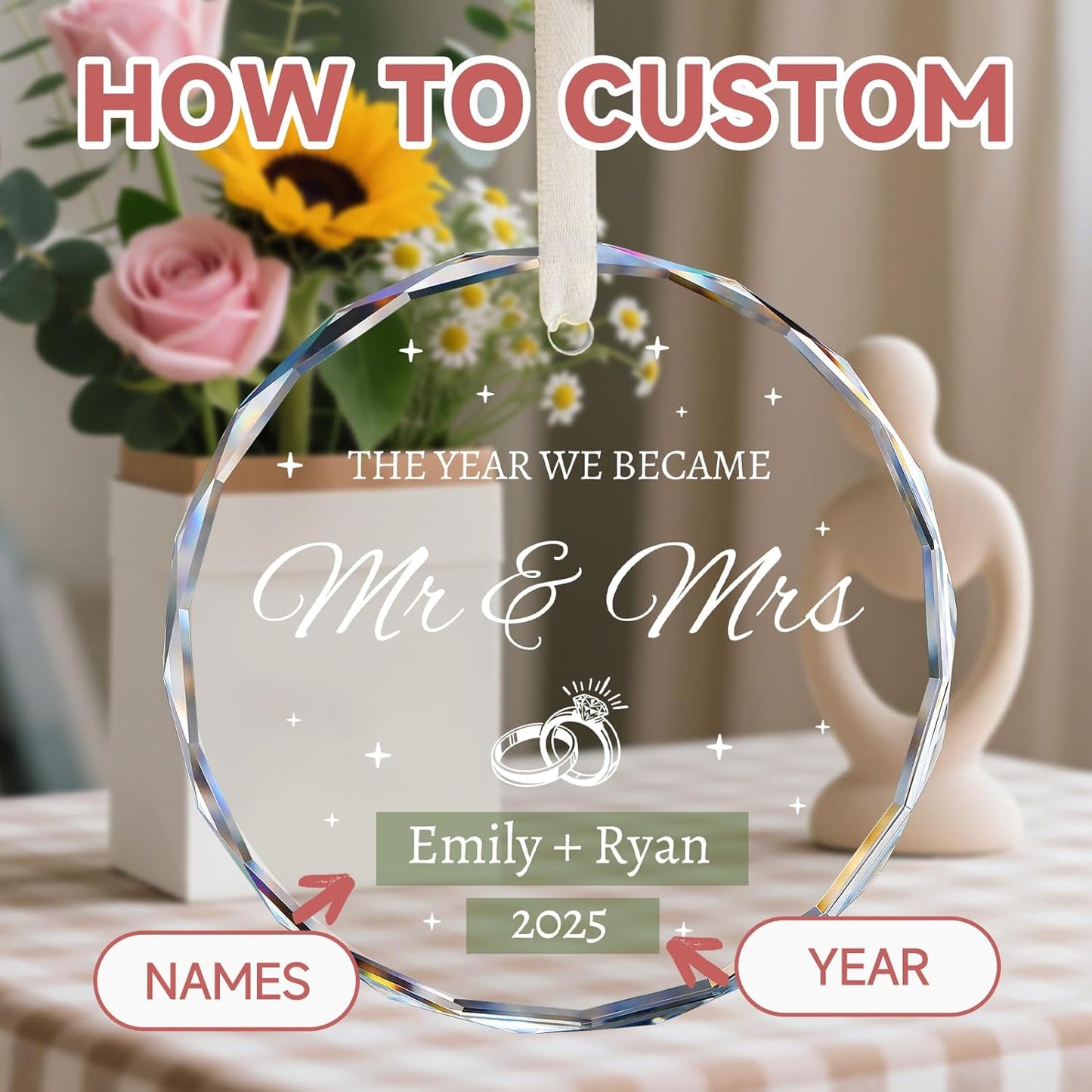 Wedding Gifts for Couples 2025 - Mr and Mrs Ornament 2025 - Bridal Shower Gifts for Bride, Newlywed, Future Mr & Mrs, Her - Just Married Crystal Glass Ornament