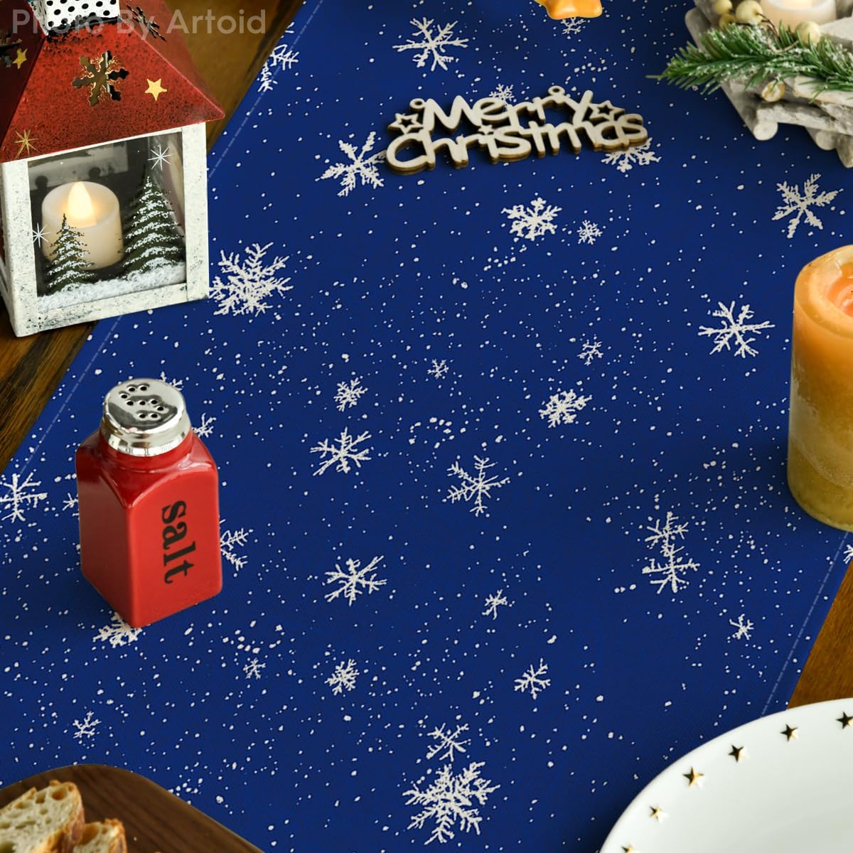 Artoid Mode Snowman Birds Trees Christmas Table Runner, Seasonal Blue Winter Holiday Kitchen Dining Table Decoration for Indoor Outdoor Home Party Decor 13 x 48 Inch