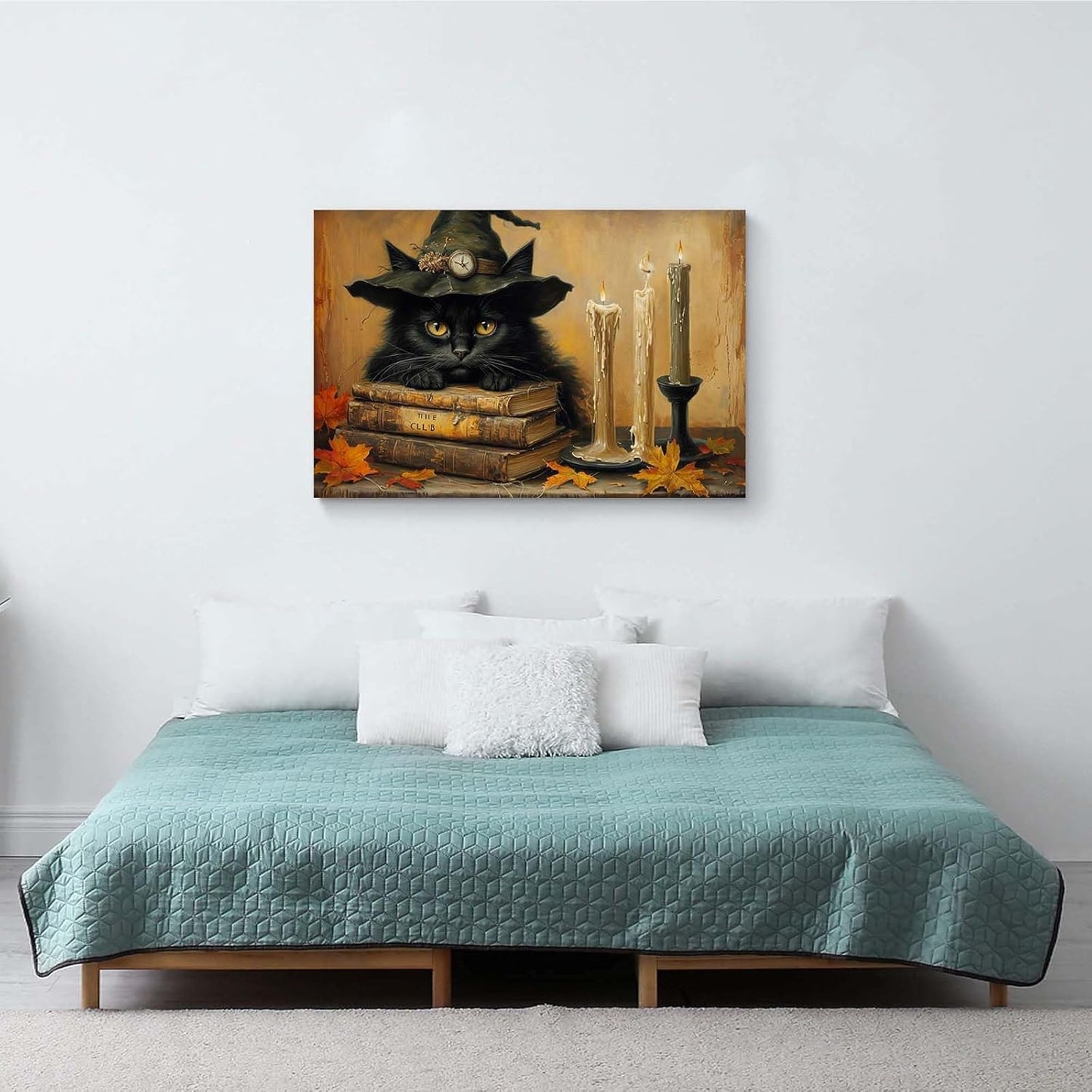 Vintage Halloween wall decoration black cat and magic book suitable for home bedroom living room decoration dark classic art witch wall decoration12x16in Wood Framed