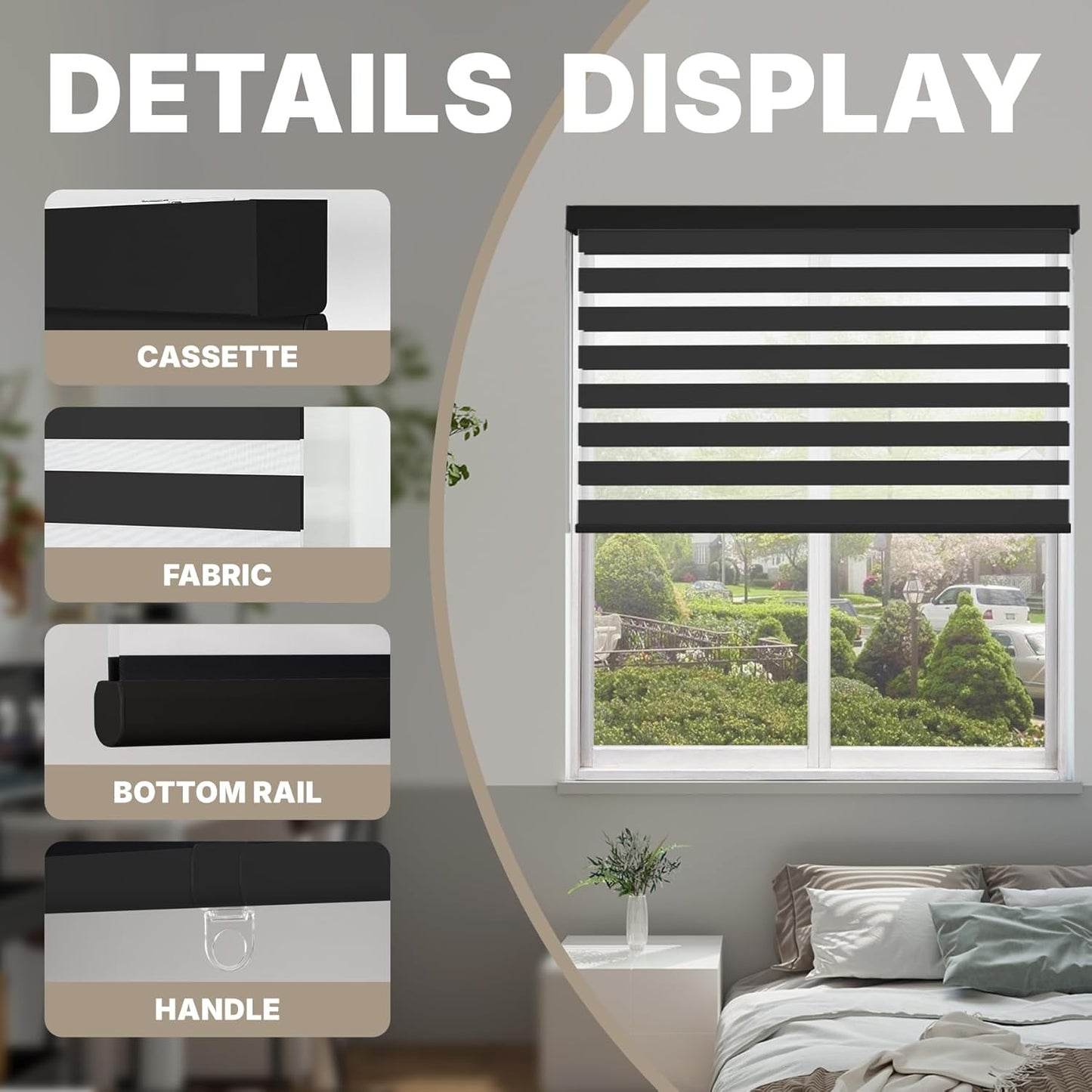 HESTIA Cordless Zebra Blinds Light Filtering Roller Shades UV Blocking Blackout Privacy Indoor Window Shades for Home Office Day and Night, Black,34" W x 60" H