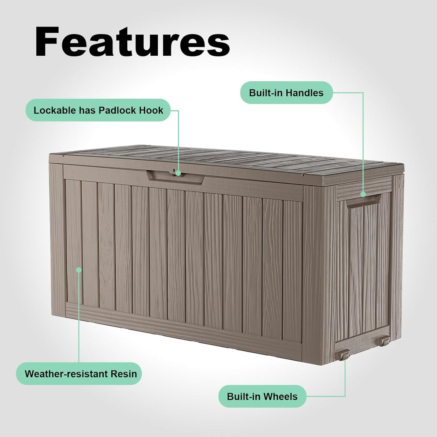 Vixzen 75 Gallon Resin Deck Box with wheels,Lockable Outdoor Storage Box for Patio Cushions Storage Furniture,Garden Tools,Weatherproof and UV Resistant- Grey