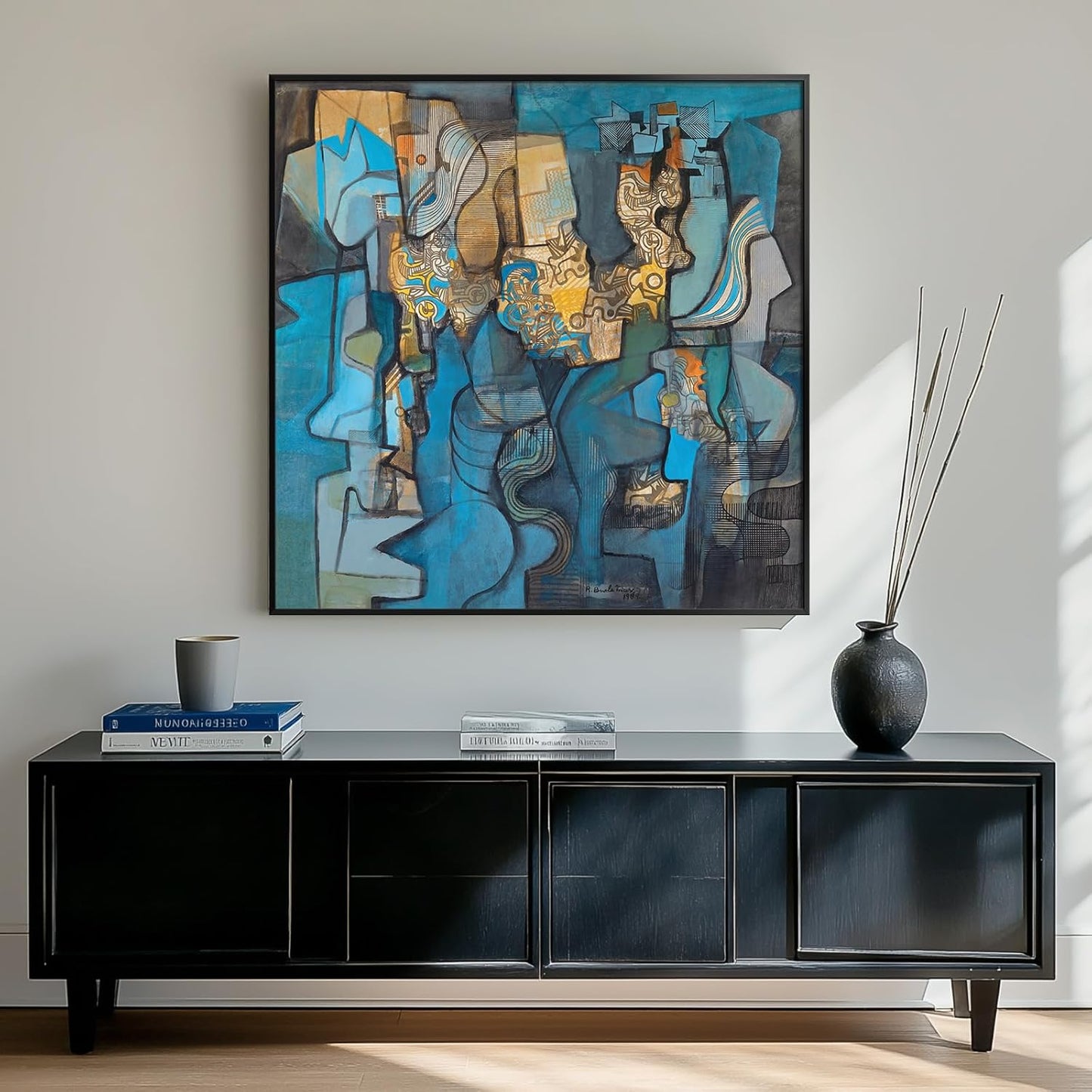 Framed Blue Modern Abstract Wall Art, Large Canvas Paintings Artwork for Walls, Minimalist Art Prints Pictures for Living Room, Hallway, Bedroom, Office, Bathroom Wall Decor -24x24 Inch