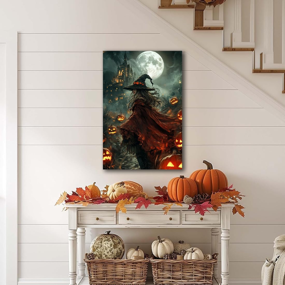 Dark and Moody Gothic Witch Poster Wall Art,Vintage Rustic Witch in Cloak with Castle Pumpkin Road Dark Gothic Poster,Goth Spooky Season Halloween Prints for Fantasy Office,20"x30" Unframed