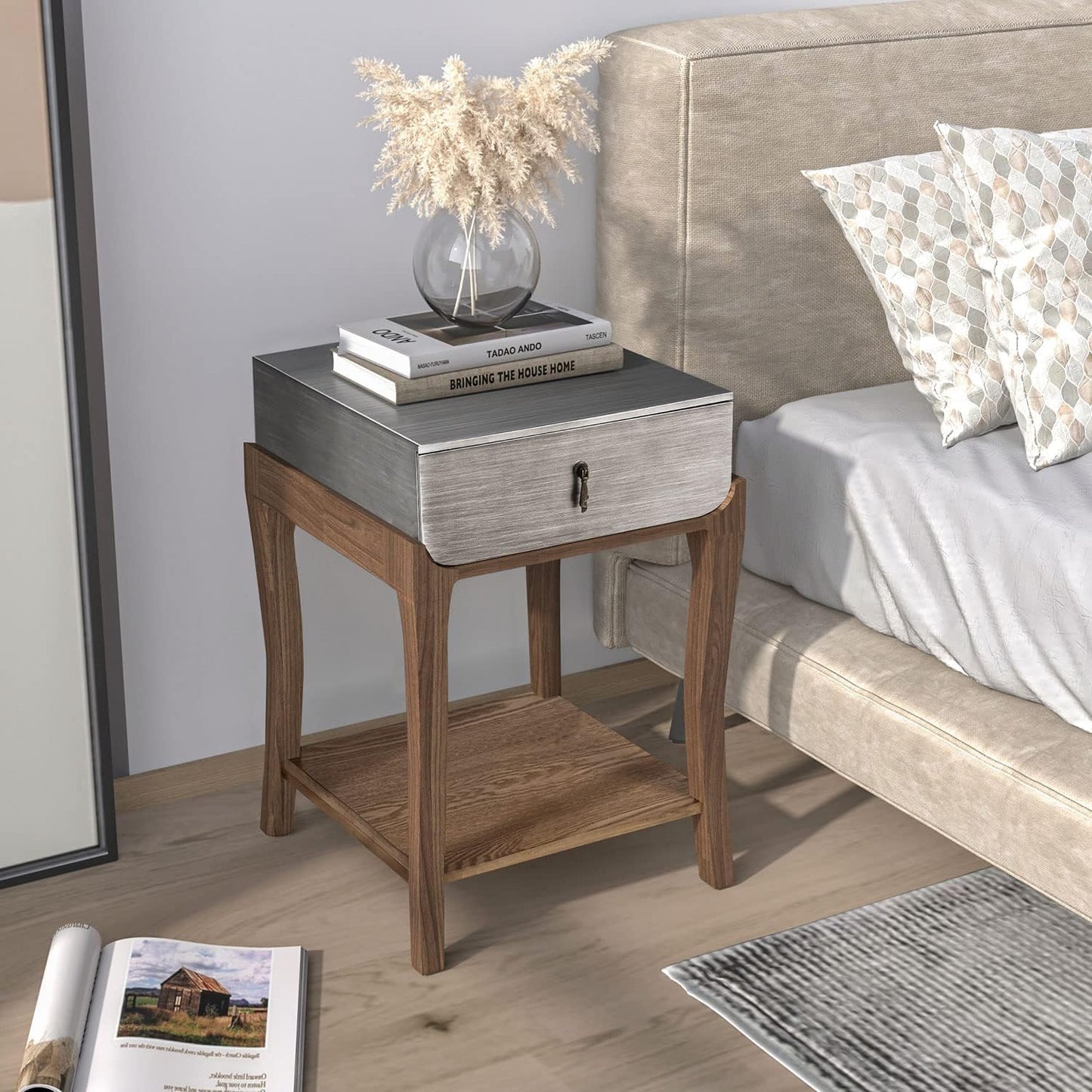 COSIEST Rustic Nightstand, 2-Tier Farmhouse Bedside Table, Wood Accent End Table with Storage Drawer and Open Display Shelf for Bedroom Nursery Living Room (Black & Silver)
