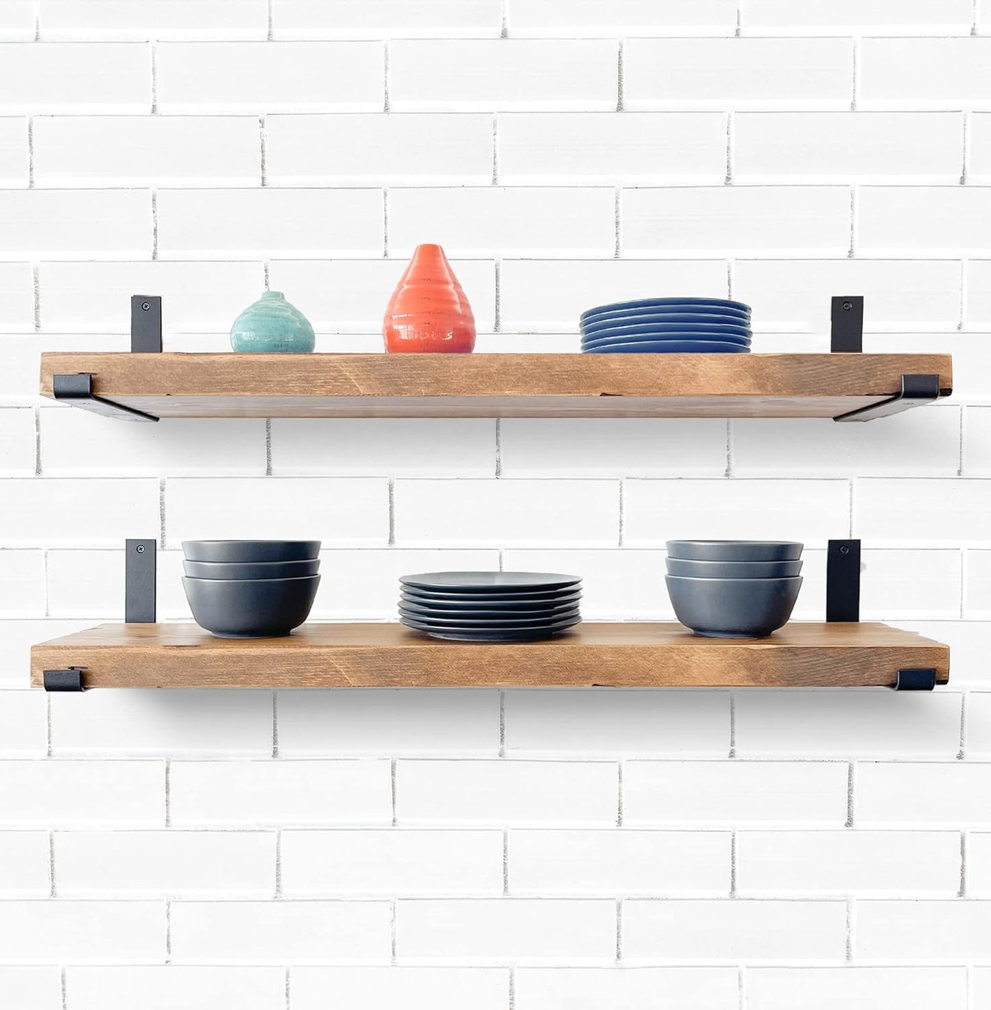 Rustic Shelves with J-Brackets Set of 2, Industrial Shelf, Kitchen Shelves, Solid Wood, Decorative Wall Storage, Heavy Duty, URBANDI (Brown, 48Wx12D)