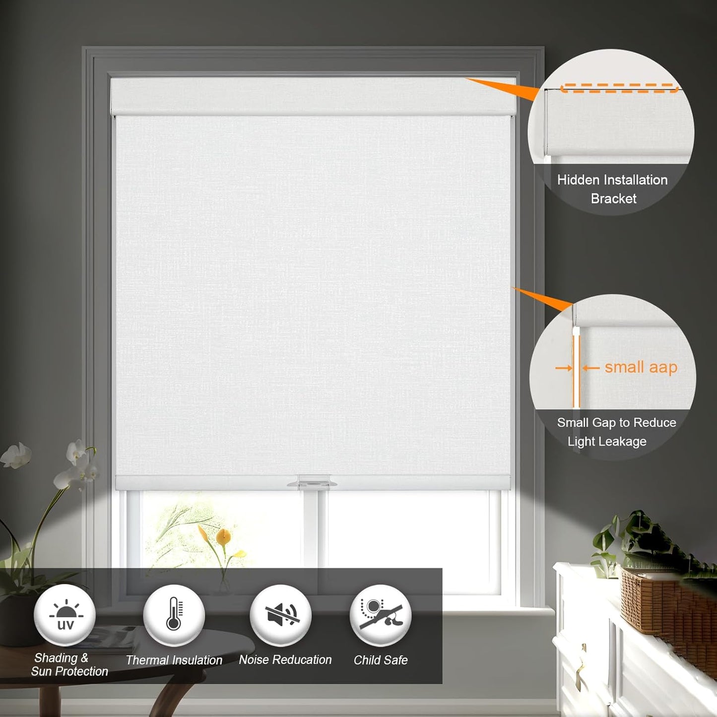 Persilux Blackout Roller Shades & Blinds Windows Shades Free-Stop Blackout Blinds with Jacquard Fabric,Cordless Blinds Pull Down Shades for Home, Easy to Install for Door/Office, White(31" W x 64" H)