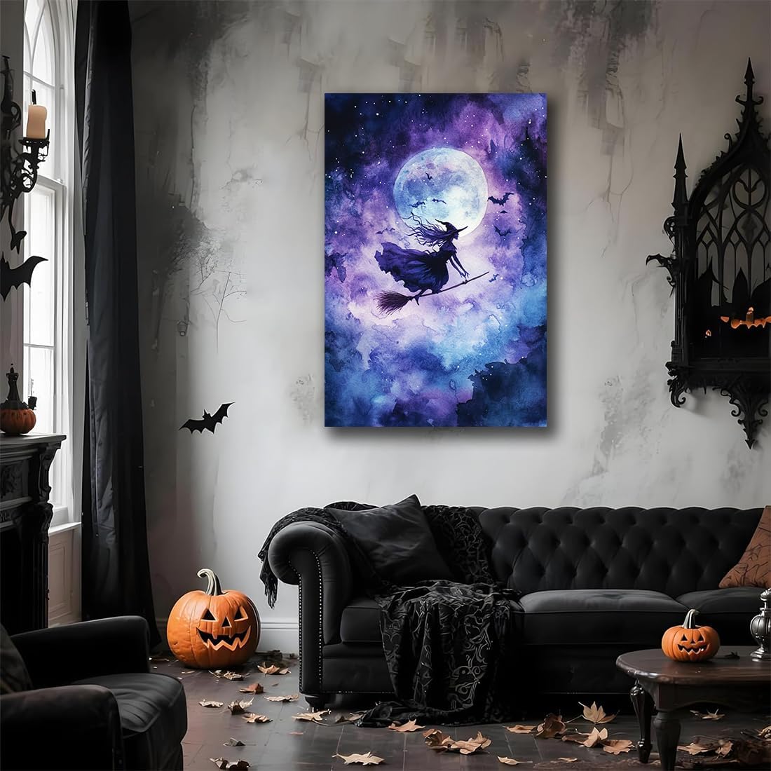 Witch On Broom Flying Wall Art,Gothic Halloween Canvas Wall Art,Victorian Witch Silhouette In Moonlight Broomstick Poster Pictures,Creepy Halloween Purple Night Sky Print,20"x30" Framed