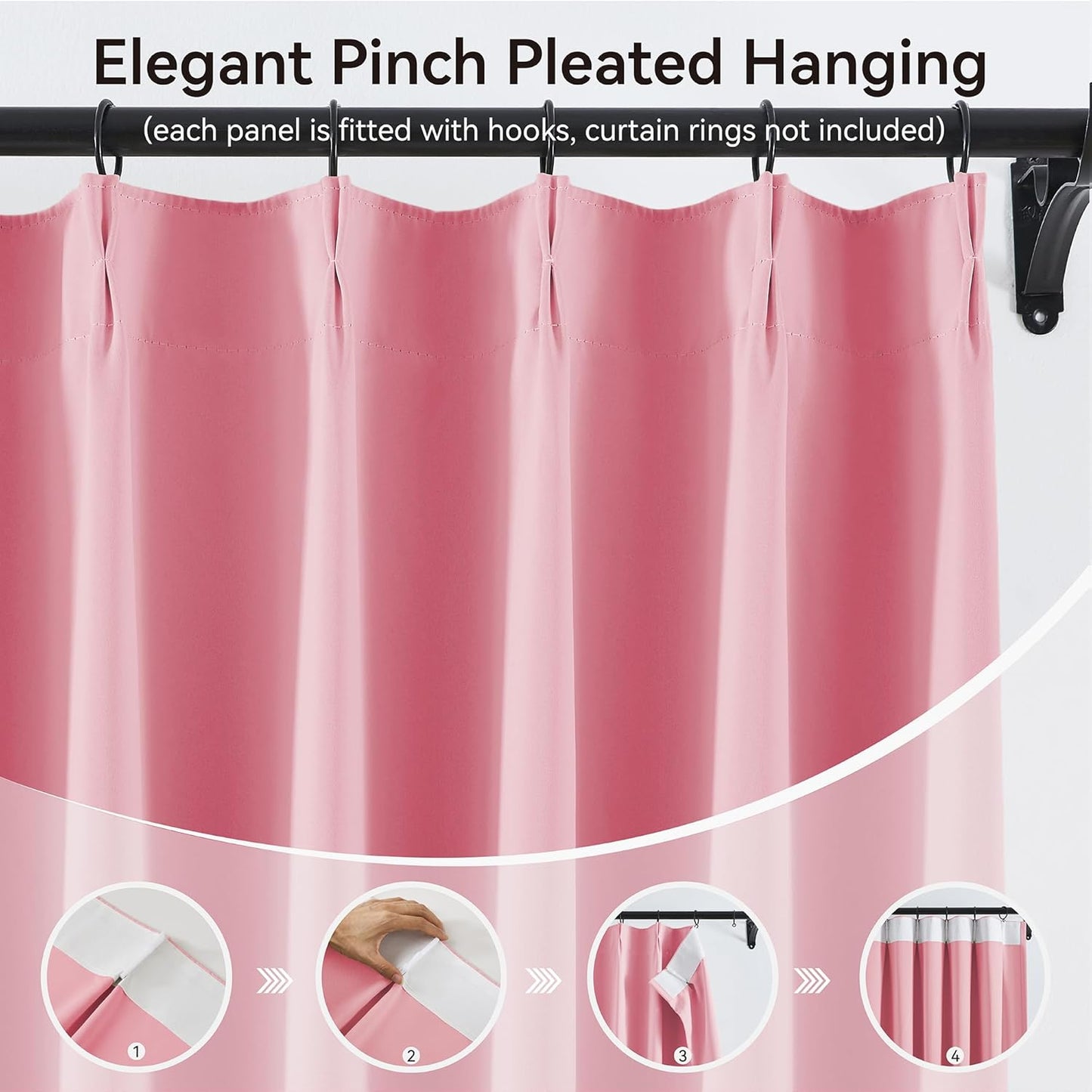 KangBang Solid Pink Room Darkening Curtains 108 Inches Long, Pinch Pleated Thermal Insulated Luxury Window Treatments for Girls Bedroom Living Room with Hooks(40"x108"x2)
