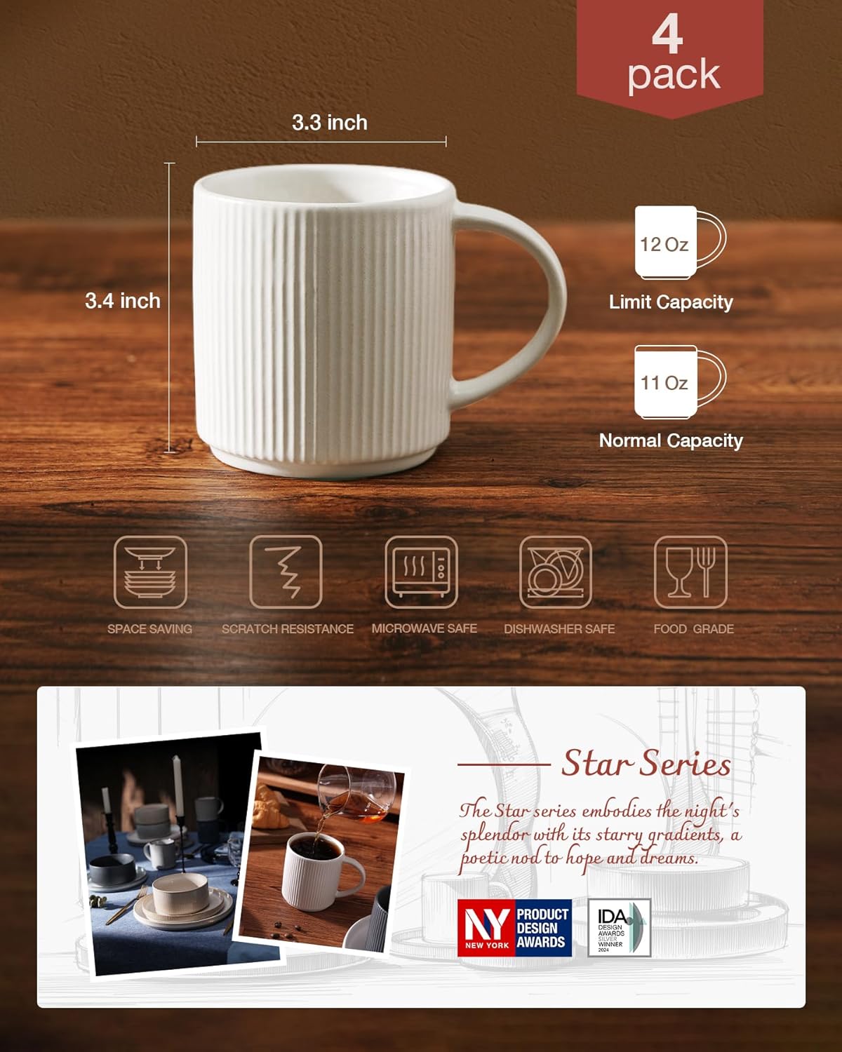 famiware Coffee Mug Set for 4, Star 12 oz Catering Mugs Cup Set with Handle for Coffee, Tea, Cocoa, Milk - Ceramic Stoneware Drinkware Set, Matte White + Matte Black