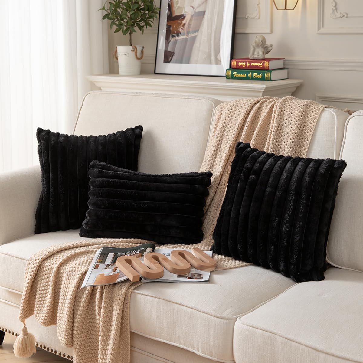 DEELAND Pack of 2,Double-Sided Faux Fur Plush Decorative Throw Pillow Covers Fuzzy Striped Soft Pillowcase Cushion Covers for Sofa Couch Bedroom Black 16x16 inch