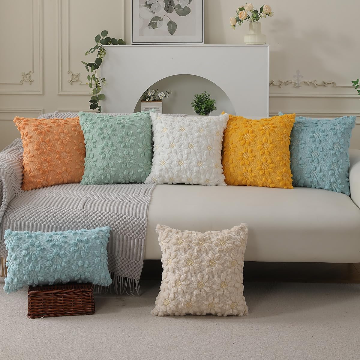 DFXSZ Spring Summer Pillow Covers 12x20 inch Set of 2 Farmhouse Decor White Flower Heart Sunflower Blue Soft Plush Faux Fur Jacquard Throw Pillows for Sofa Holiday Spring Home Decor PTK024G12