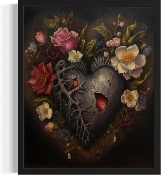 Gothic Heart Poster Art Print, Halloween Scary Vintage Wall Art Academia Spooky Painting Decoration for Horror Prints, Posters Bedroom Decor 89 (Gothic Heart, 16 x 20 inches, Black Frame)