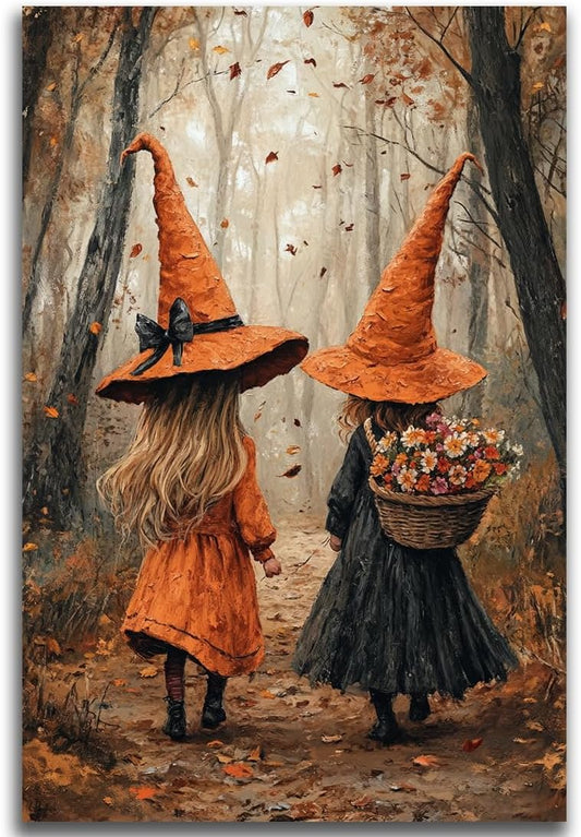Fall Wall Art Witch Picture Decor,Little Girl Witch Halloween Wall Art, Vintage Autumn Whimsical Woodland Forest Picture, Family Room Nursery Playroom Children Room Decoration,24"x36" Unframed