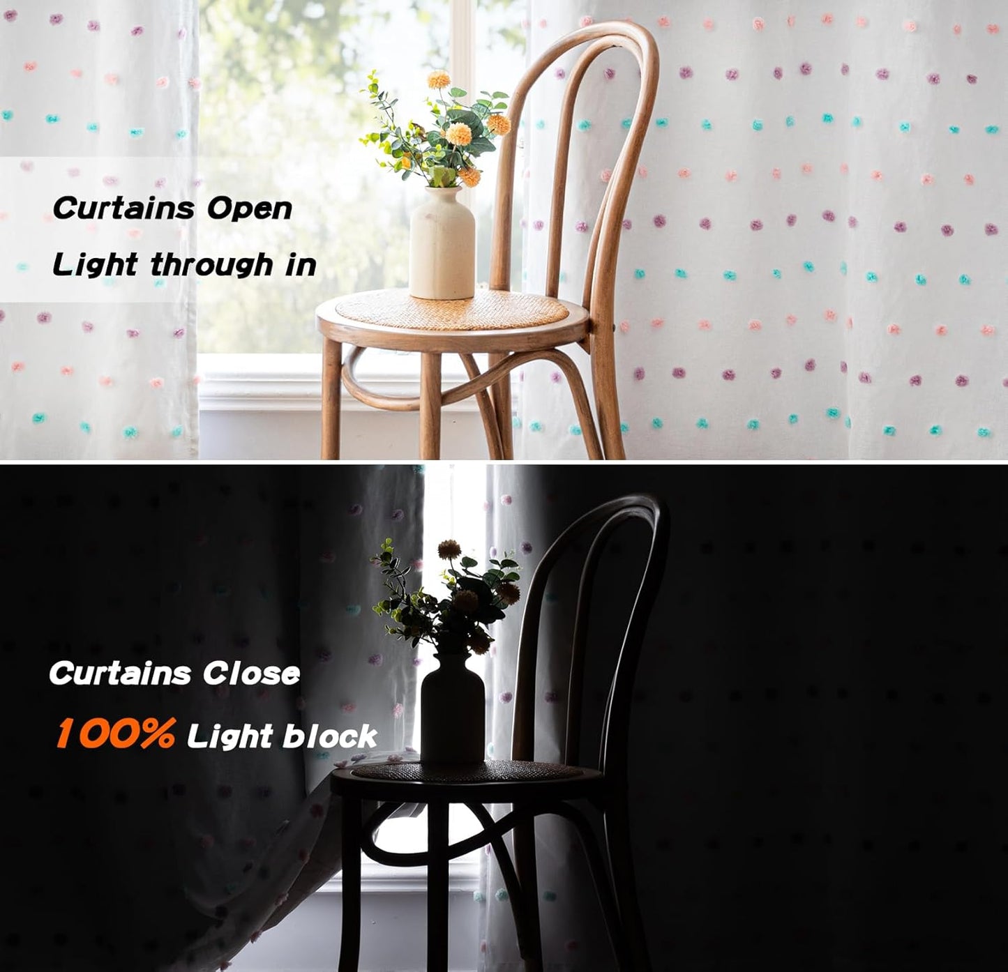 MYSKY HOME 100% Blackout Curtains for Living Room 108 Inch Long Total Light Blocking Curtains for Sliding Glass Door Privacy Protect Grommet 2 Layered Drapes Rainbow Pom Pom Sheer 52 Wide, 2 Pieces