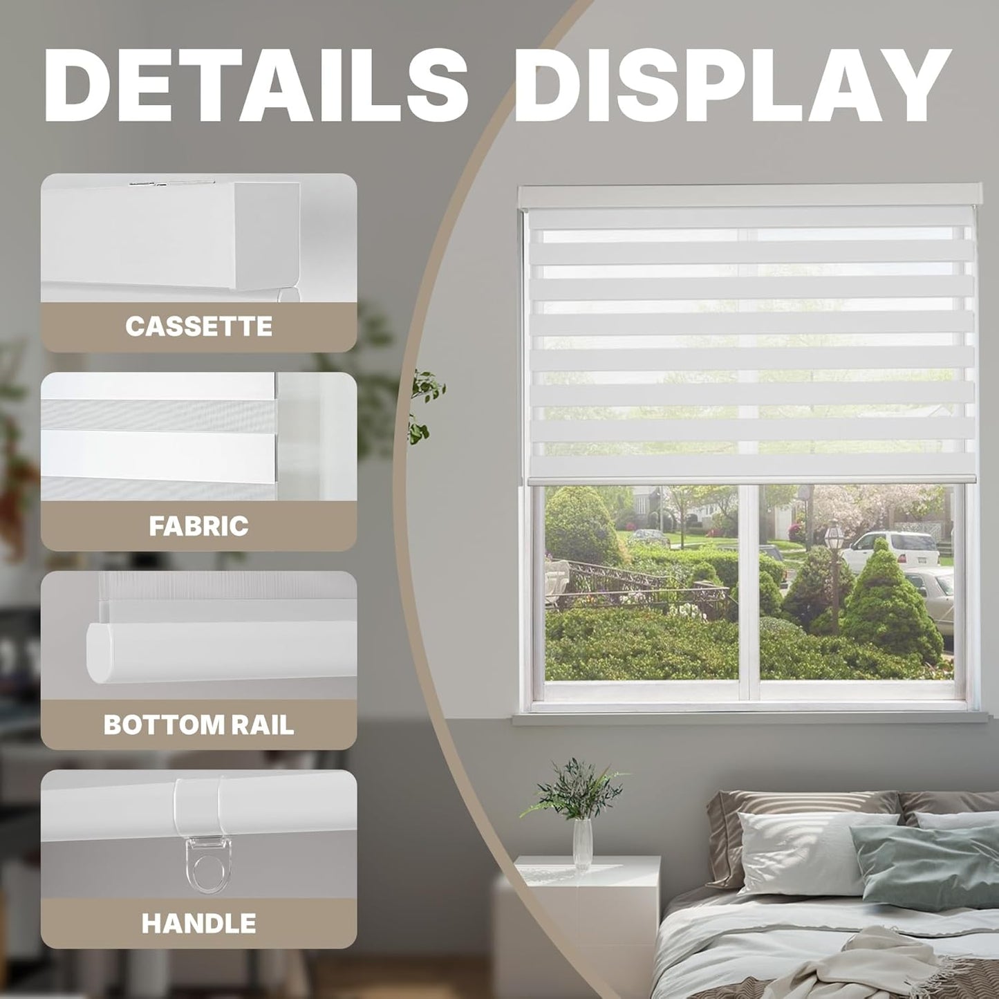 HESTIA Cordless Zebra Blinds Light Filtering Roller Shades Blackout Indoor Window Blind for Home Office,White,35" W x 60" H