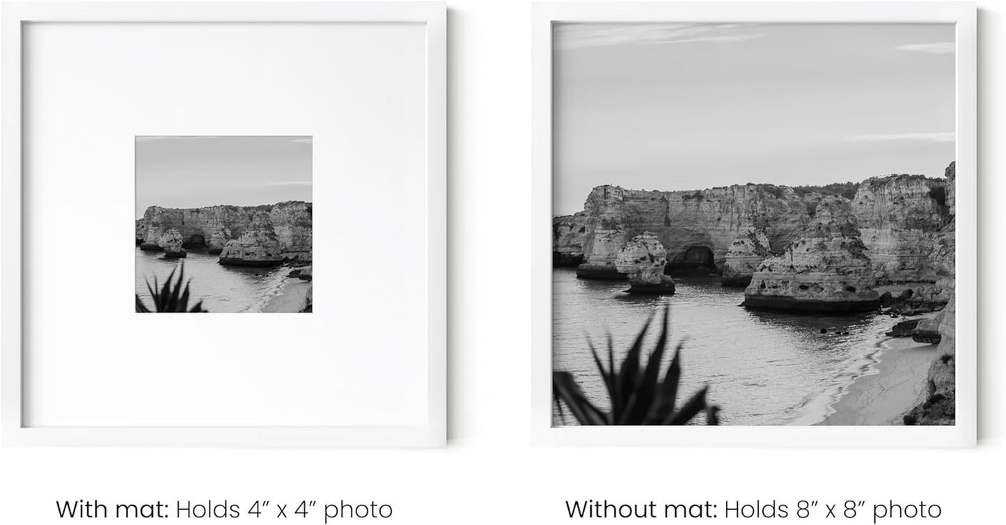 HAUS AND HUES 8x8 White Metal Picture Frame Matted to 4x4 - Features Premium Aluminum, Shatterproof Plexiglass - Ideal for Home, Room, Office (8x8 in, White, Set of 1)