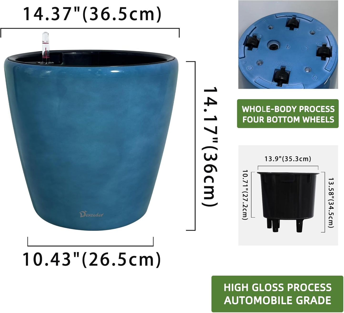 Dexceder 15x14 Self Watering Planter with Wheels Indoor Outdoor, Inner Pot Design, Thickened Large Floor Standing Flower Plant Pot with Water Level Indicator (Peacock Blue Gradient)