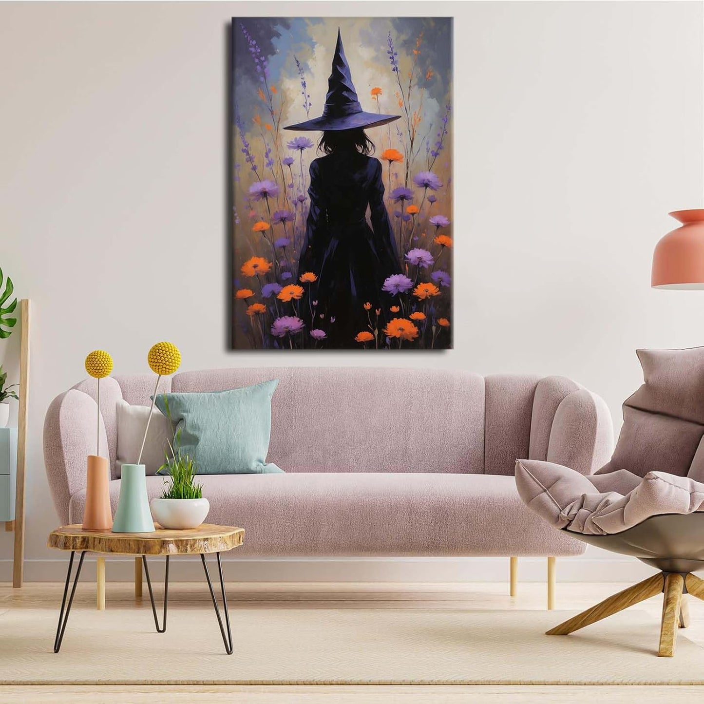 Country wildflower witch canvas print halloween mashup art witch purple decoration bohemian elegant art poster12x16in Wood Framed