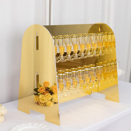 Tableclothsfactory Gold Mirror Finish 2-Tier Wine Glass Stemware Rack, 18 Champagne Flute Holder Foam Board Stand - 25" for Party & Decorations