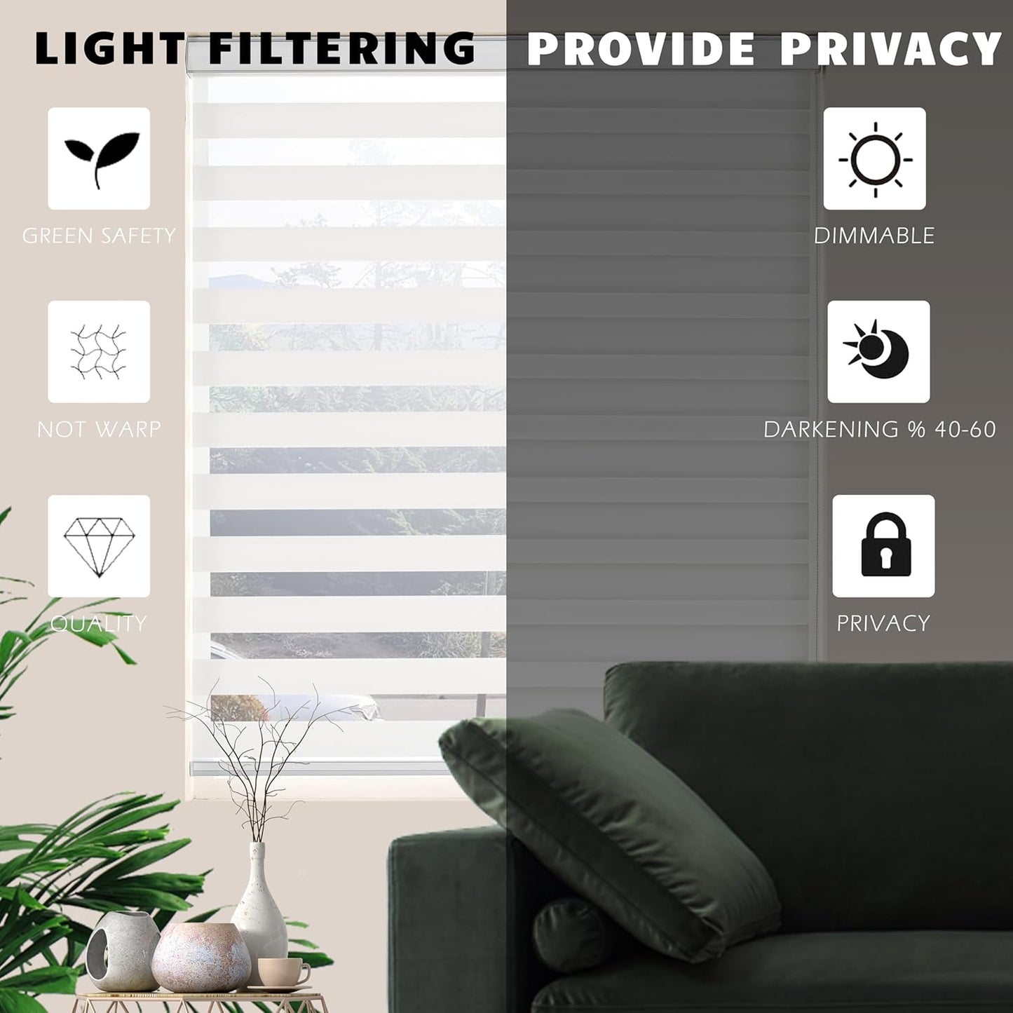 Zebra Roller Shades, Dual Layer Roll Up Blind for Living Room, Semi Sheer Shades Window Privacy Light Control for Day and Night, (Maximum Height 72inch, White Color, Width 33 inch)