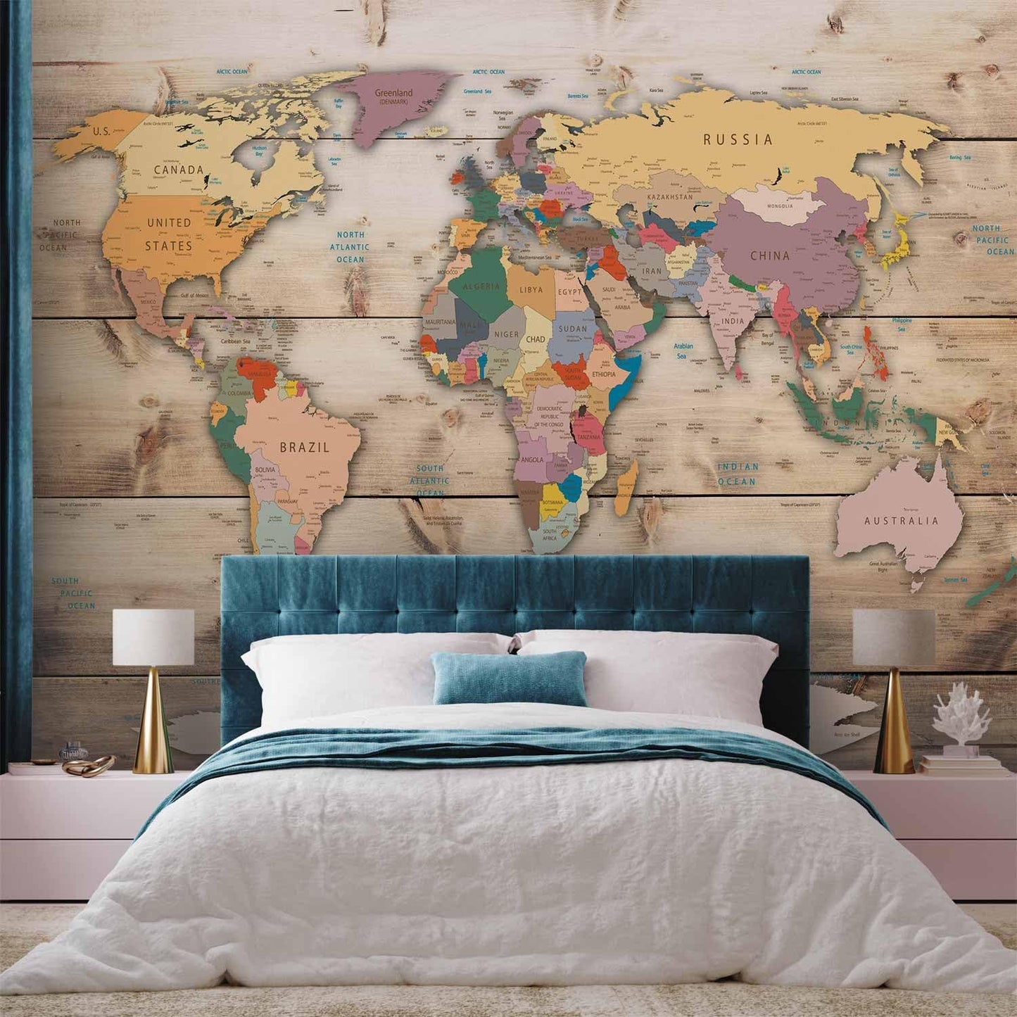 artgeist Premium Wall Mural World Map 177x124 in - XXL Non-Woven Wallpaper Fleece Wall Decor Photo Print Picture Image Design Home Map of The World k-B-0009-a-b