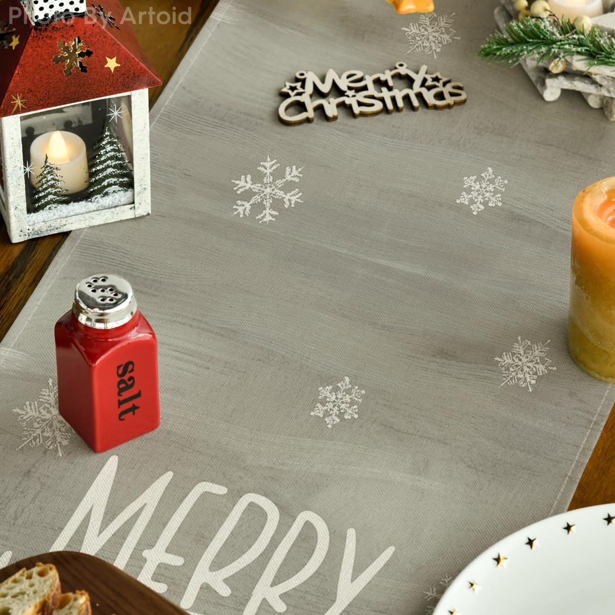 Artoid Mode Xmas Trees Snowflakes Gray Pink Merry Christmas Table Runner, Winter Seasonal Kitchen Dining Table Decoration for Home Party Decor 13x72 Inch