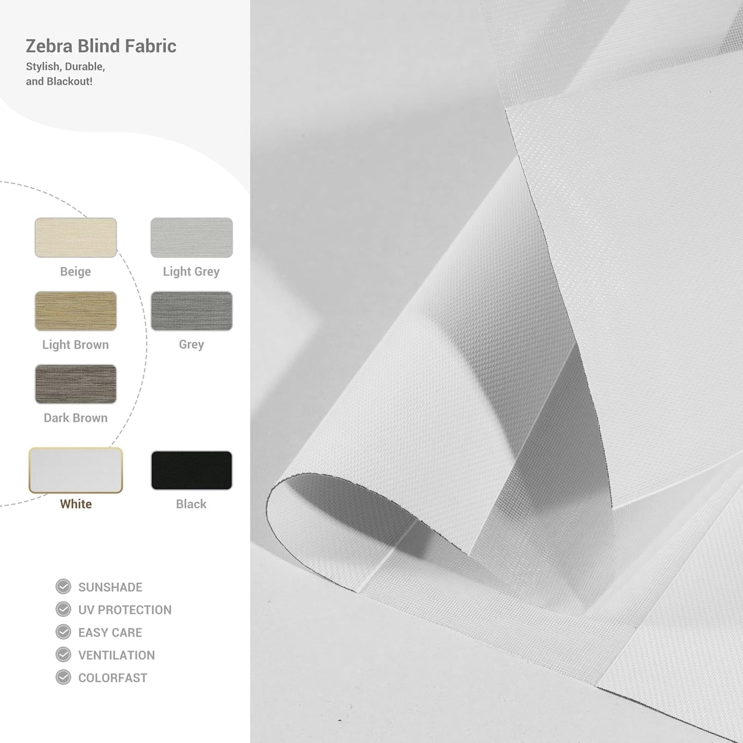 Cordless Zebra Blinds for Windows, Blackout Interior Blinds,Easy to Install,UV Protection,for Offices and Home,Custom Roller Shades, Solid White, 50" W x 64" H