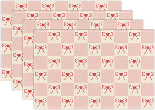 Pink Bow Placemats Set of 4, Table Mat for Home Kitchen, Restaurants, Outdoor Linen Washable Place Mats 12x18 inch Party Event Dining Decoration-03