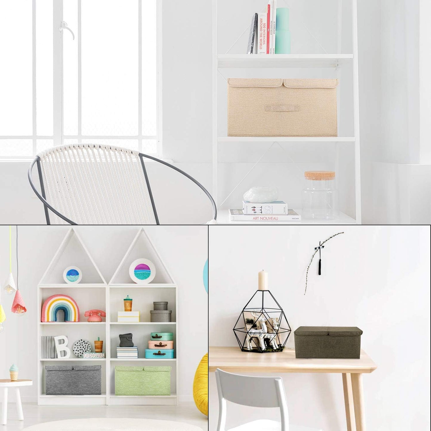 2 Pack Storage Boxes with Lids and Handles, Collapsible Linen Storage Bins Organizer Containers Baskets Cube with Removable Divider for Home Bedroom Closet Office (Khaki, Small)