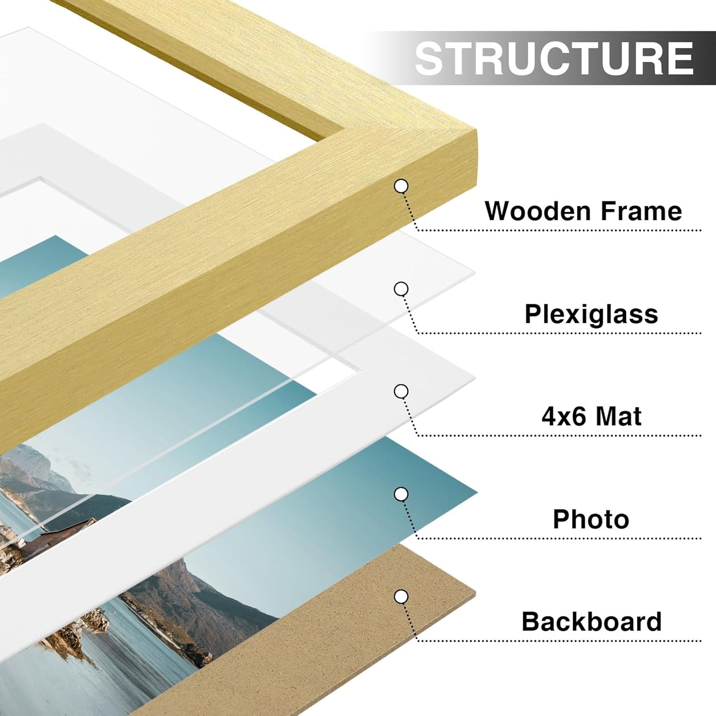 Vittanly 5x7 Picture Frames Set of 9, Shatter Resistant Plexiglass, Display 4x6 Pictures with Mat or 5x7 without Mat, Photo Frames for Wall or Tabletop, Engineered Wood, Gold