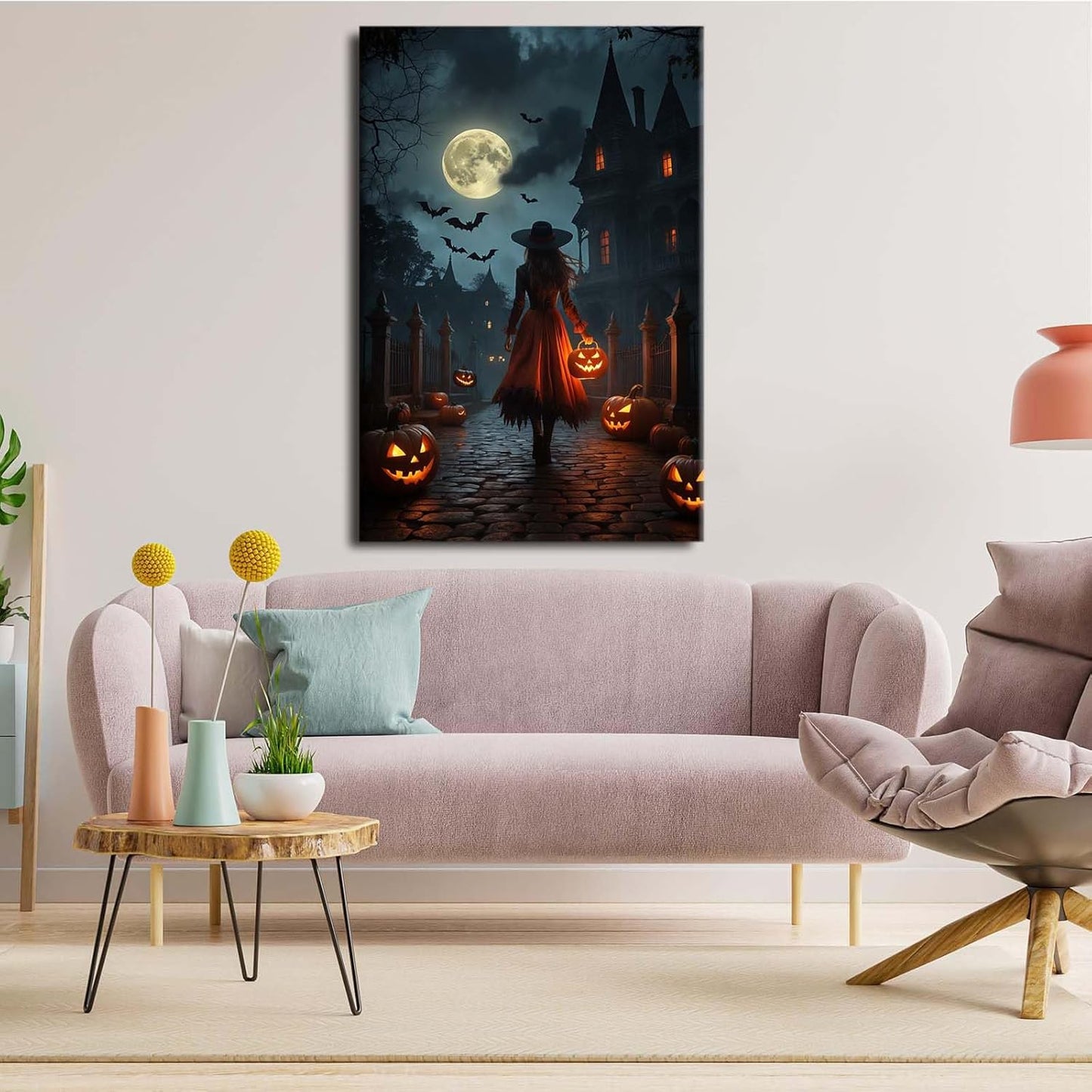 JFHCQJPK Halloween theme poster moonlit autumn night witch vintage poster art print dark college style gothic painting canvas wall decoration bedroom living room ideal gift24x36in Frameless