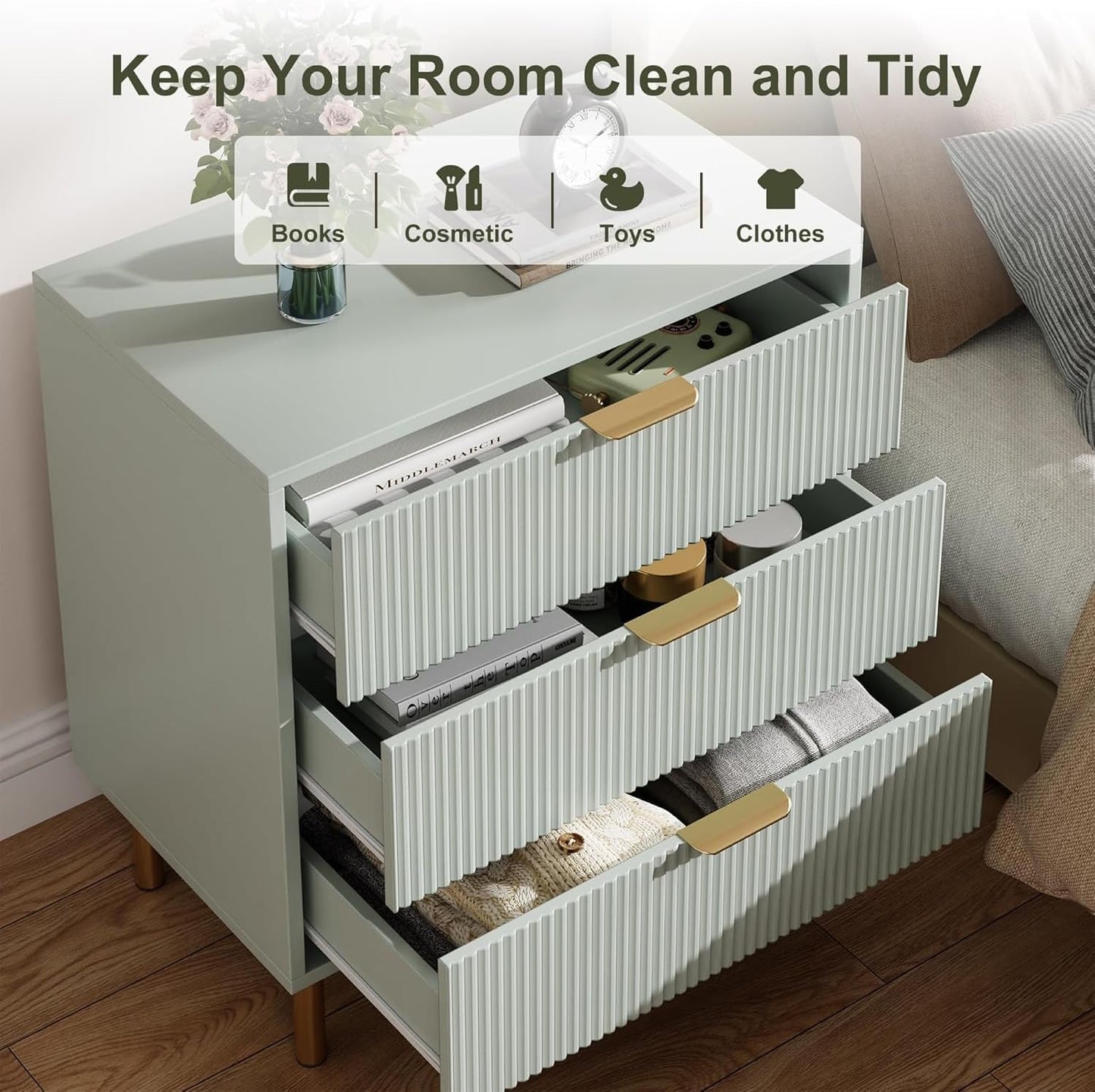 GAOMON 3 Drawer Dresser, Wood Chest of Drawers Organizer Storage with Gold Handle, Small Storage Cabinet, Modern Design Dresser for Bedroom, Living Room, Closet, Hallway, Entryway, Green