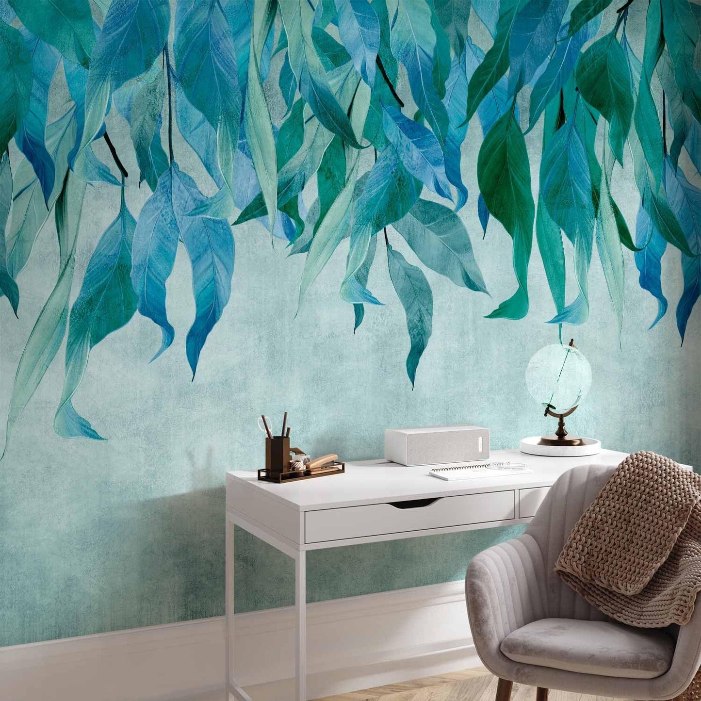 artgeist Wall Mural Hanging Leaves 135x101 in - Peel and Stick Self-Adhesive Wallpaper Removable Large Sticker Foil Wall Decor Print Picture Image Design Nature Botanical Concrete Green b-C-10146-a-b