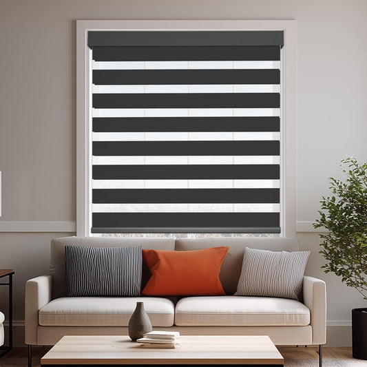 HESTIA Cordless Zebra Blinds Light Filtering Roller Shades UV Blocking Blackout Privacy Indoor Window Shades for Home Office Day and Night, Black,43" W x 60" H