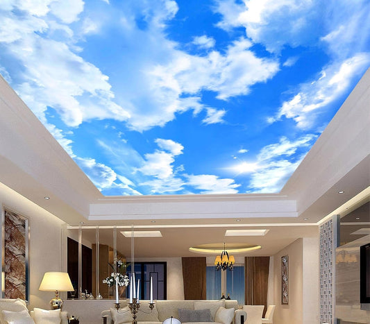 Blue Sky and White Clouds Suspended Ceiling Wall Mural Wallpaper for Bedroom