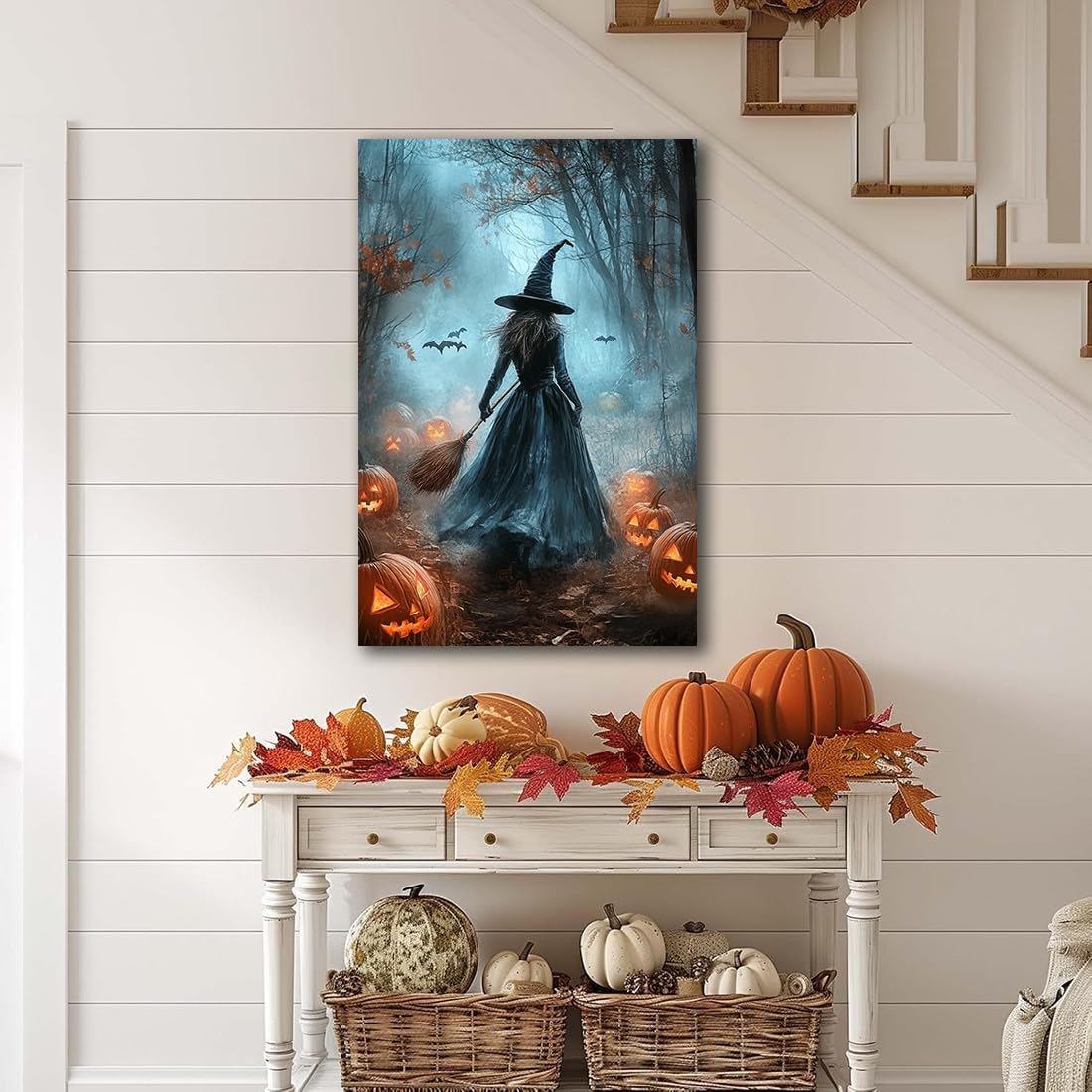 Vintage Moody Halloween Witch Artwork Wall Decor,Spooky Halloween Gothic Canvas Artwork Creepy Horror Witch with A Broom Pumpkin Bats Rustic Forest Picture,Dark Academia Poster,20"x30" Framed