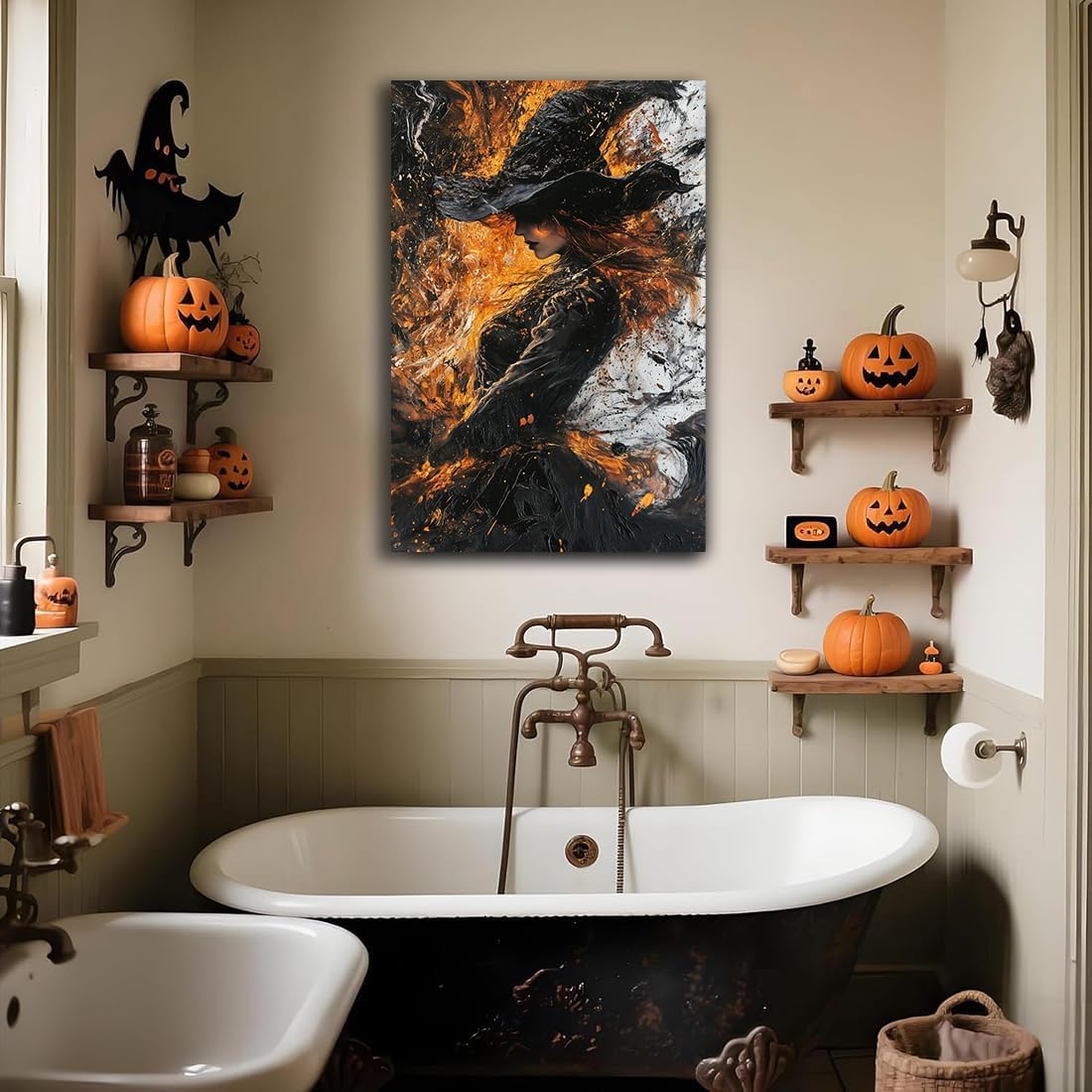 Witch Canvas Poster Print, Dark Academic Picture Wall Decor, Modern Fashion Aesthetic Abstract Witchcraft Halloween Wall Art For Bedroom Living Room Hallway Decoration,12"x18" Framed