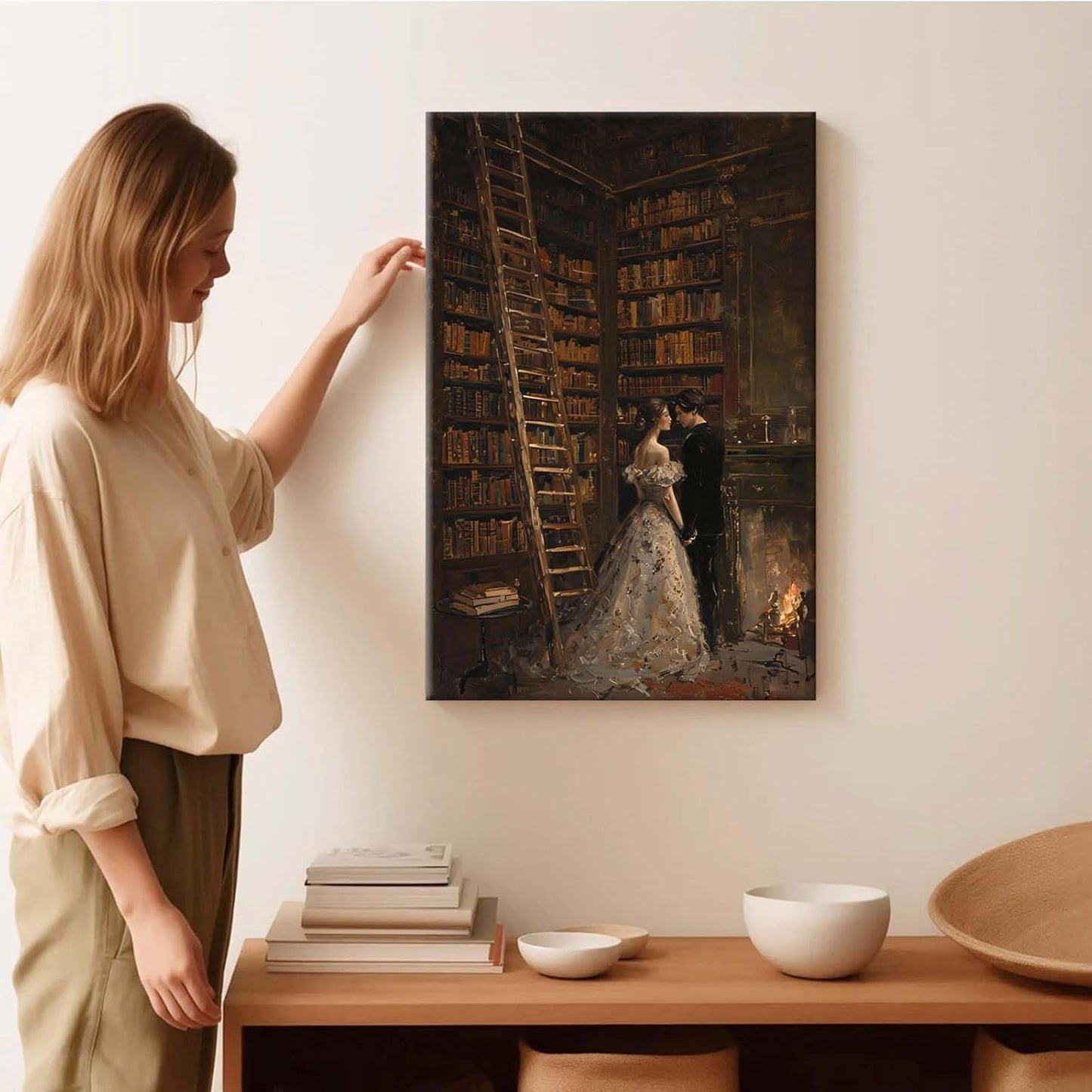 Gothic retro library scene decoration melancholy calm art college style wall aesthetic antique style home decoration suitable for bedroom living room28x40in Wood Framed