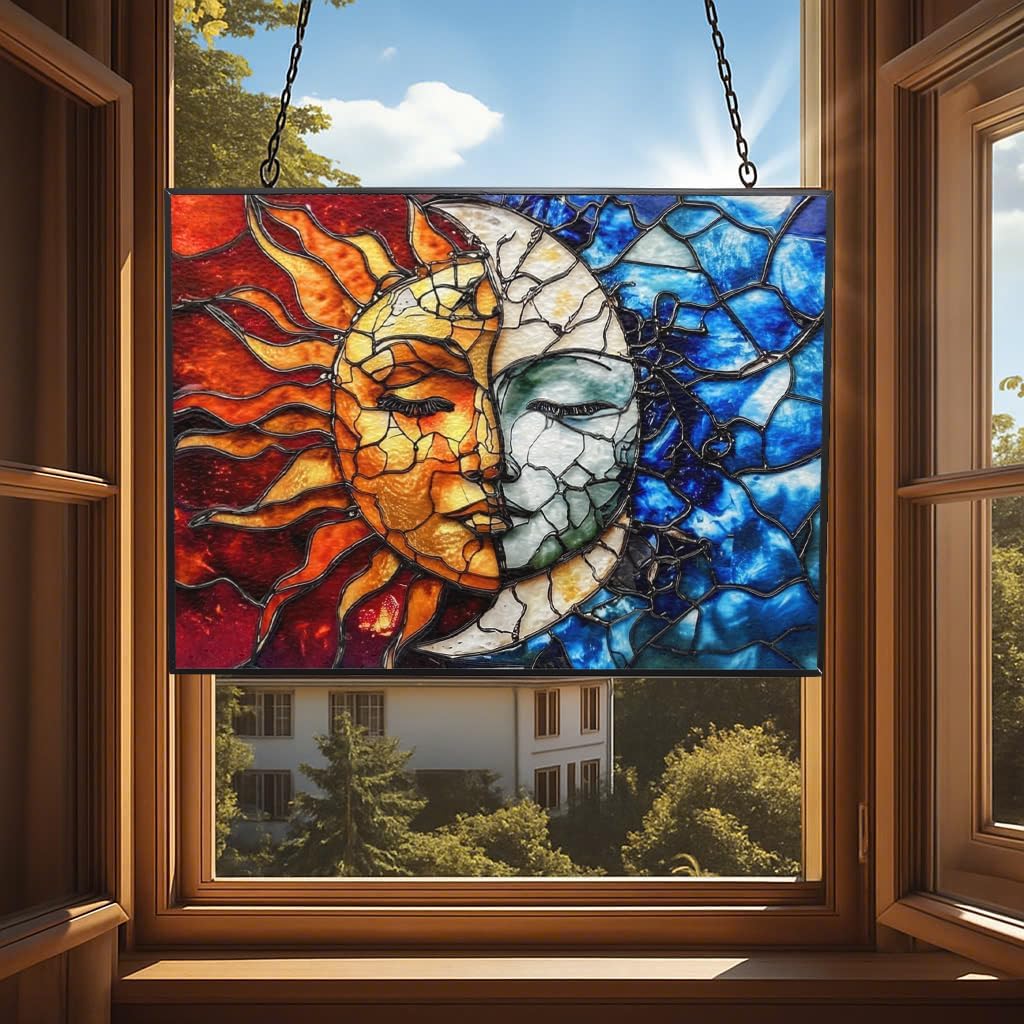 Rectangle Sun and Moon Stained Glass Suncatcher Window Hangings, Suncatchers Colorful Glass Panel Sun Catchers Gifts, Decoration for Home Garden Christmas Party Wedding