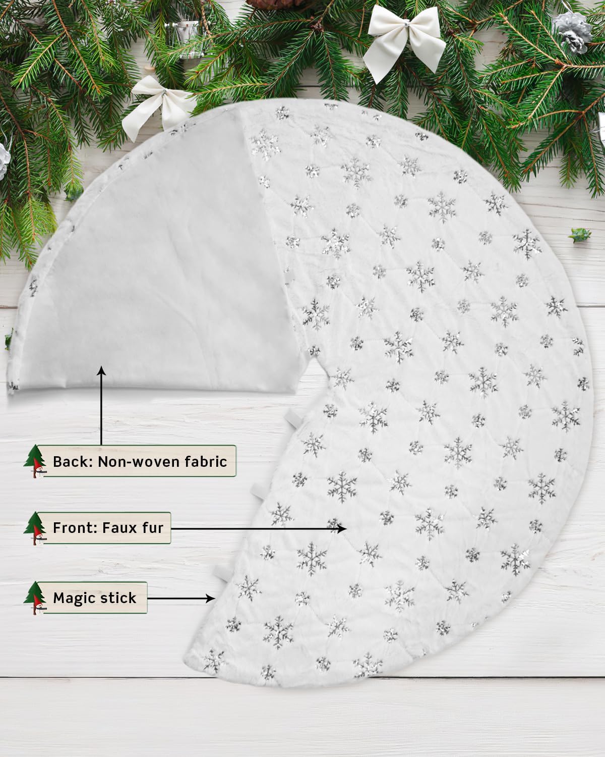 COOLWUFAN 48 Inches Christmas Tree Skirt for Xmas Tree Holiday Party Decorations White Plush Silver Sequin Snowflake (Silver)