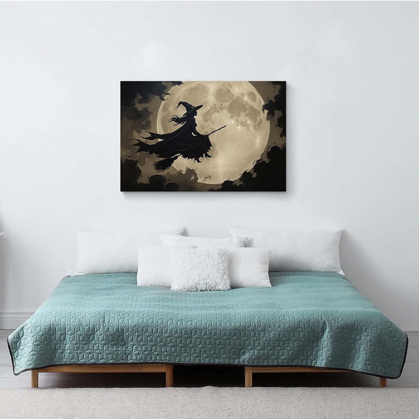Full moon witch silhouette poster witch on magic broom Halloween mural poster decorative mural art suitable for home living room bedroom16x24in Wood Framed
