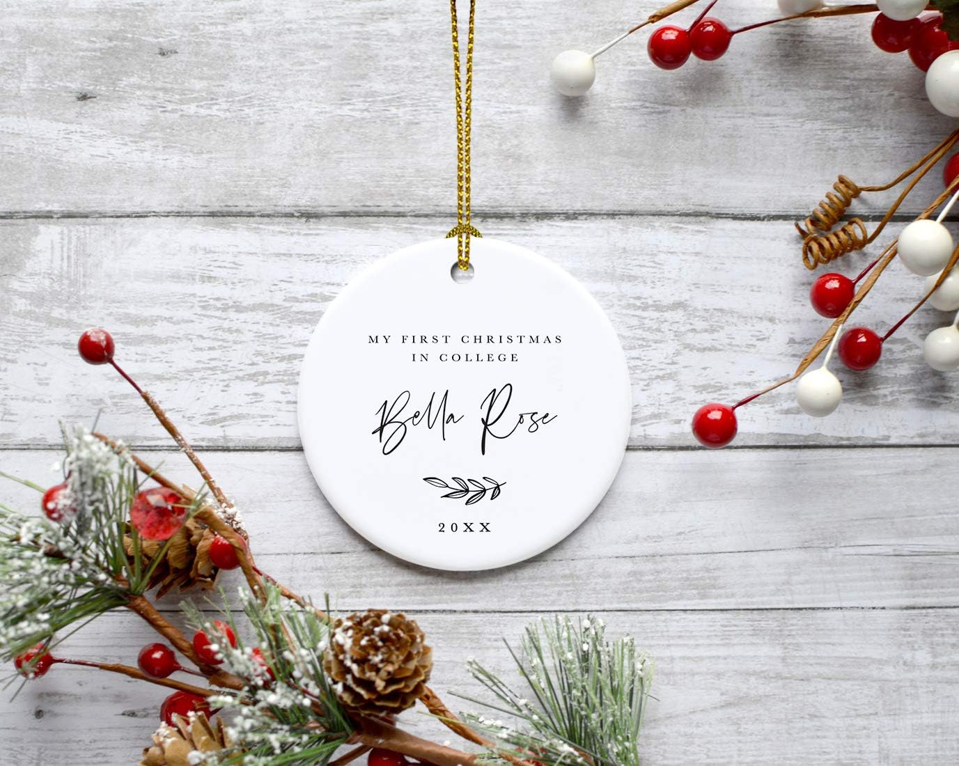 Andaz Press Personalized Round Ceramic Porcelain Christmas Tree Ornament Keepsake Collectible Gift, My First Christmas in College 2025, Olivia Carter, Antique Handdrawn, 1-Pack, Custom