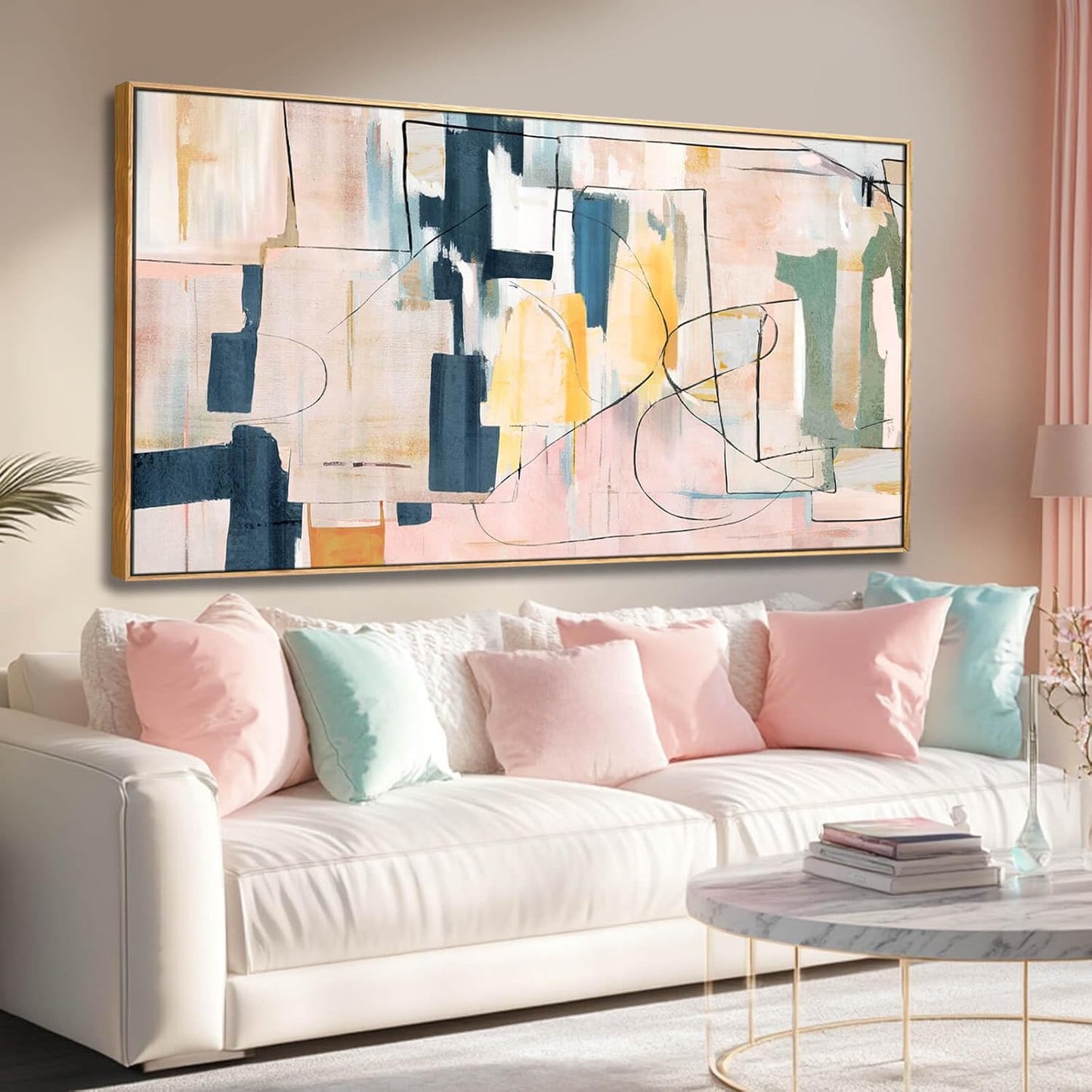 Pink Wall Art Abstract Wall Decorations Navy Blue Artwork Wall Pictures for Living Room Framed Wall Decor 24"x48"