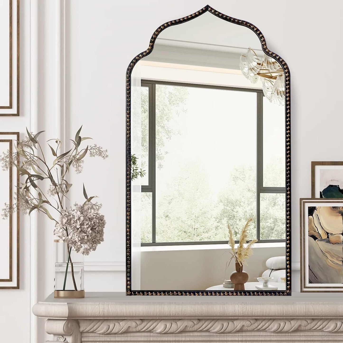 Arch Wall Mirror, 22" W x 38" H Marlowe Mirror, Metal Beaded Frame Large Modern Mirror,Antique Black